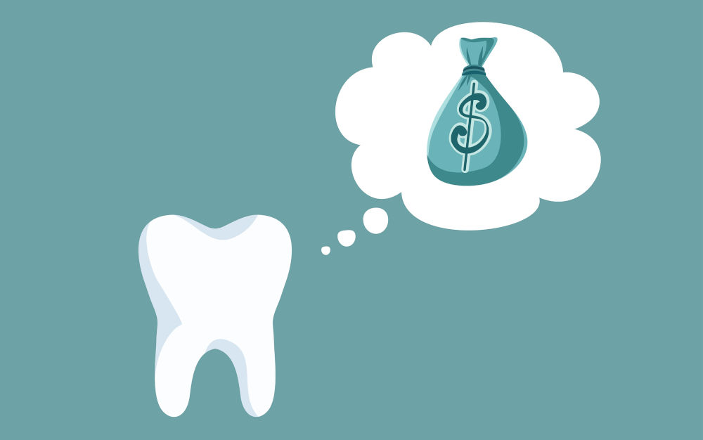 Illustration of a tooth thinking about a money bag representing budgeting for full arch dental implants and All-on-4 treatment costs in Ontario.